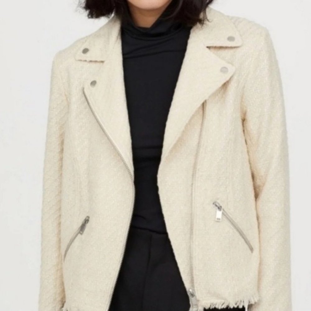H&M Cream Tweed Moto Jacket Raw Hem Cream Collar Full Zip Women’s Size 4 - Picture 2 of 6